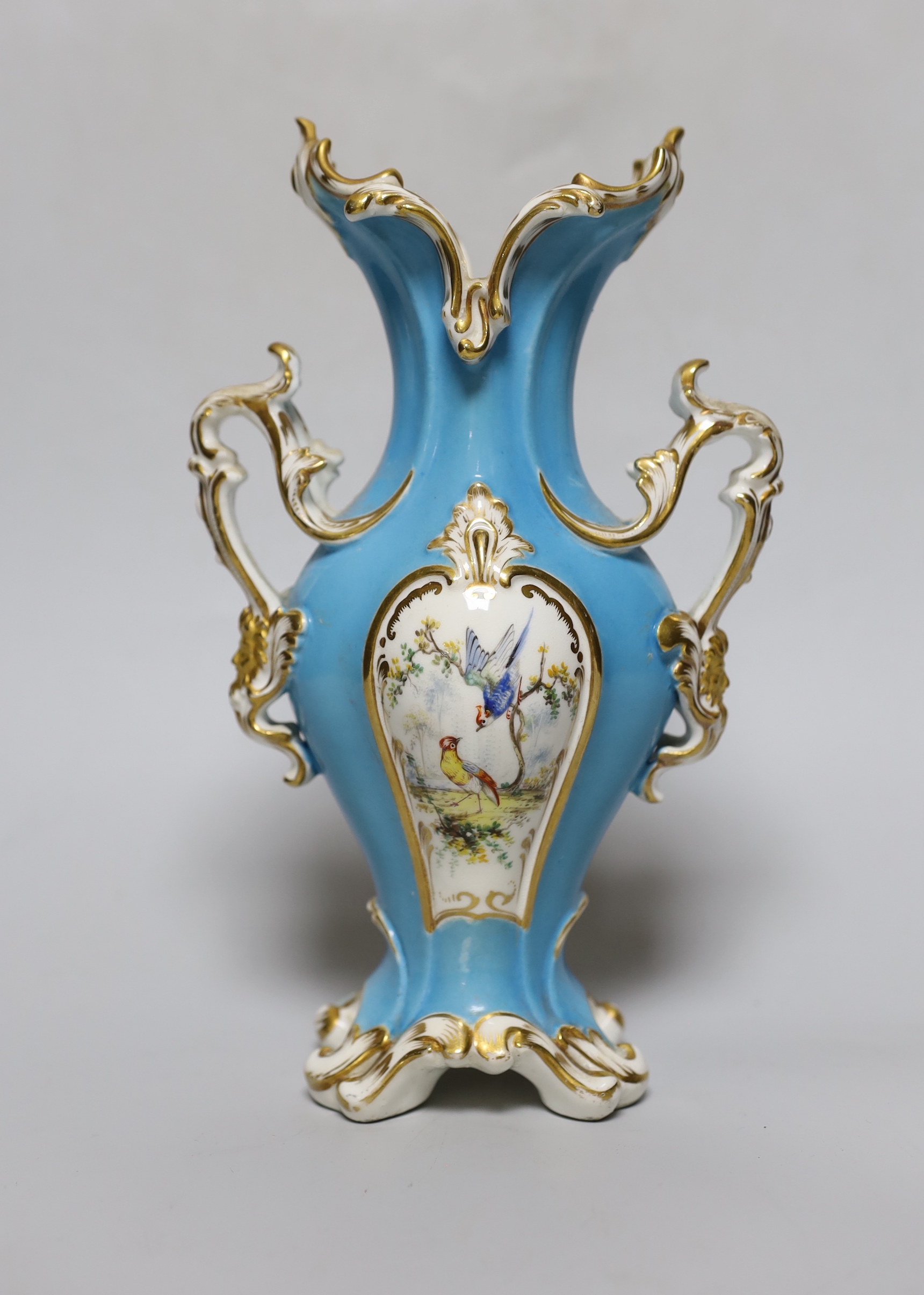 A Coalport rococo two handled vase, painted with birds, probably by John Randall, on a turquoise ground, c.1840, 23cm tall